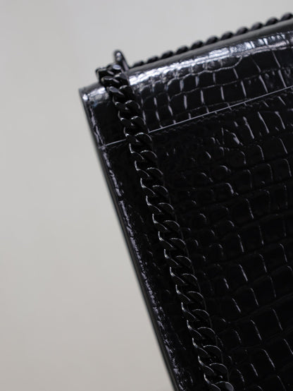SAINT LAURENT YSL 25S SUNSET MEDIUM 22 IN BLACK CROCODILE-EMBOSSED SHINY CALFSKIN BLACK HARDWRE
