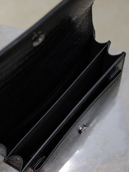 SAINT LAURENT YSL 25S SUNSET MEDIUM 22 IN BLACK CROCODILE-EMBOSSED SHINY CALFSKIN BLACK HARDWRE