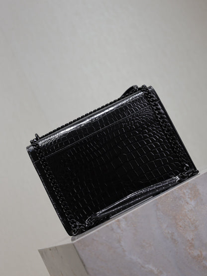 SAINT LAURENT YSL 25S SUNSET MEDIUM 22 IN BLACK CROCODILE-EMBOSSED SHINY CALFSKIN BLACK HARDWRE