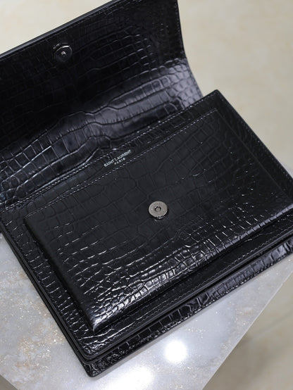 SAINT LAURENT YSL 25S SUNSET MEDIUM 22 IN BLACK CROCODILE-EMBOSSED SHINY CALFSKIN BLACK HARDWRE