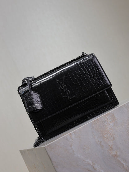 SAINT LAURENT YSL 25S SUNSET MEDIUM 22 IN BLACK CROCODILE-EMBOSSED SHINY CALFSKIN BLACK HARDWRE