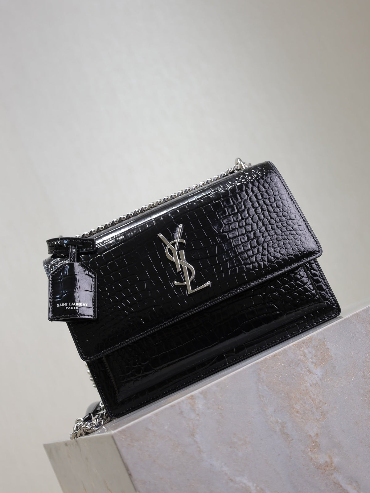 SAINT LAURENT YSL 25S SUNSET MEDIUM 22 IN BLACK CROCODILE-EMBOSSED SHINY CALFSKIN SILVER HARDWARE