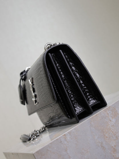 SAINT LAURENT YSL 25S SUNSET MEDIUM 22 IN BLACK CROCODILE-EMBOSSED SHINY CALFSKIN SILVER HARDWRE
