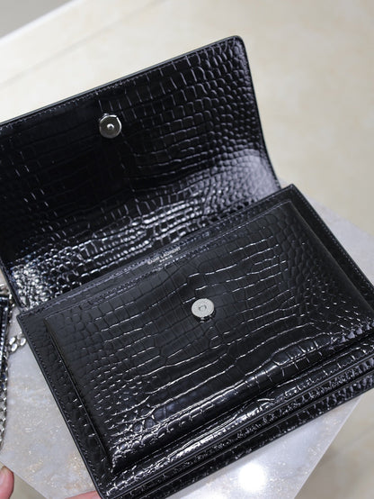 SAINT LAURENT YSL 25S SUNSET MEDIUM 22 IN BLACK CROCODILE-EMBOSSED SHINY CALFSKIN SILVER HARDWRE