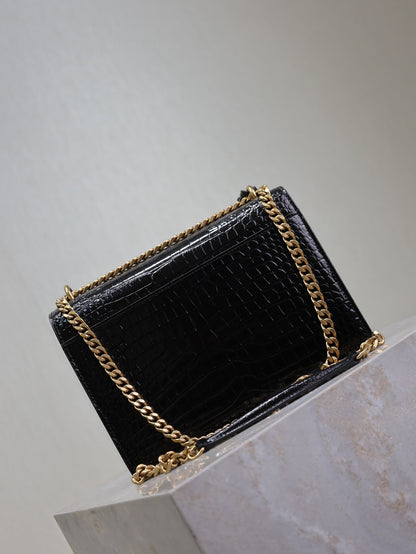 SAINT LAURENT YSL 25S SUNSET MEDIUM 22 IN BLACK CROCODILE-EMBOSSED SHINY CALFSKIN GOLD HARDWRE