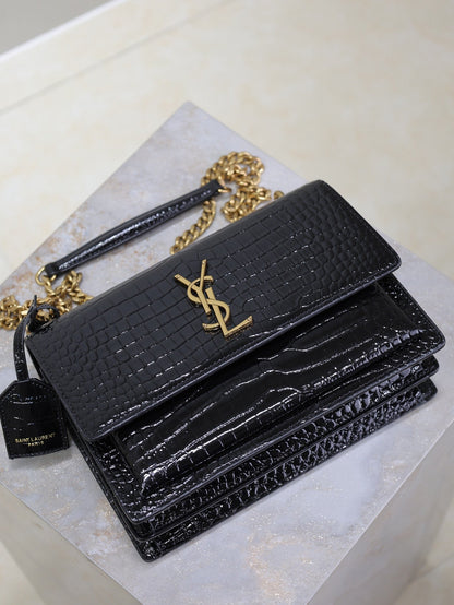 SAINT LAURENT YSL 25S SUNSET MEDIUM 22 IN BLACK CROCODILE-EMBOSSED SHINY CALFSKIN GOLD HARDWRE