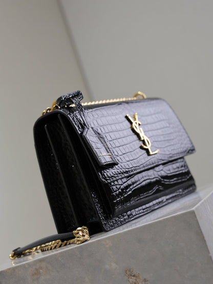 SAINT LAURENT YSL 25S SUNSET MEDIUM 22 IN BLACK CROCODILE-EMBOSSED SHINY CALFSKIN GOLD HARDWRE