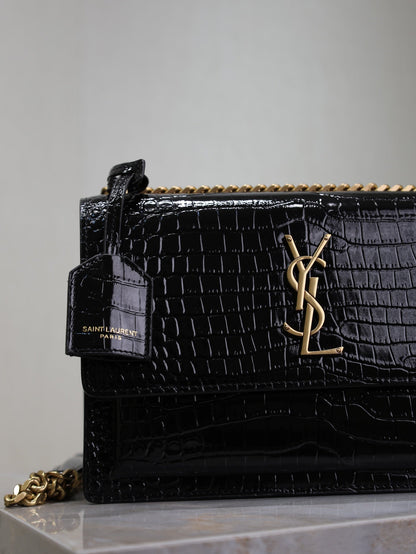 SAINT LAURENT YSL 25S SUNSET MEDIUM 22 IN BLACK CROCODILE-EMBOSSED SHINY CALFSKIN GOLD HARDWRE
