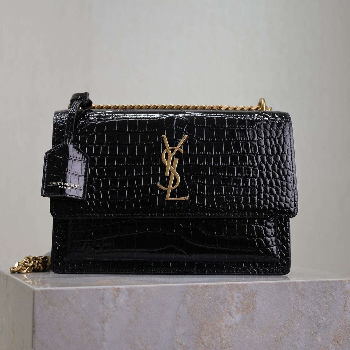 SAINT LAURENT YSL 25S SUNSET MEDIUM 22 IN BLACK CROCODILE-EMBOSSED SHINY CALFSKIN GOLD HARDWRE