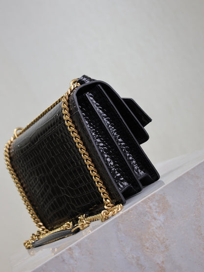 SAINT LAURENT YSL 25S SUNSET MEDIUM 22 IN BLACK CROCODILE-EMBOSSED SHINY CALFSKIN GOLD HARDWRE
