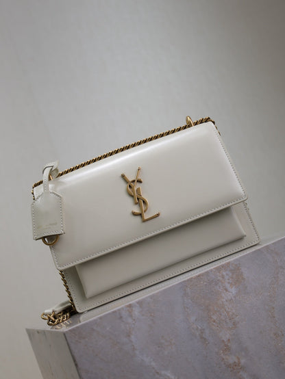 SAINT LAURENT YSL 25S SUNSET BAG 22 IN IVORY CALFSKIN GOLD HARDWRE