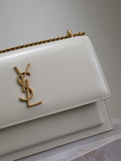 SAINT LAURENT YSL 25S SUNSET BAG 22 IN IVORY CALFSKIN GOLD HARDWRE