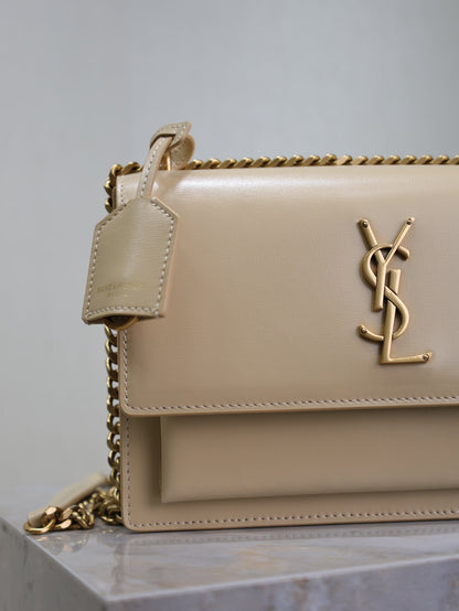 SAINT LAURENT YSL 25S SUNSET BAG 22 IN NUDE CALFSKIN GOLD HARDWRE