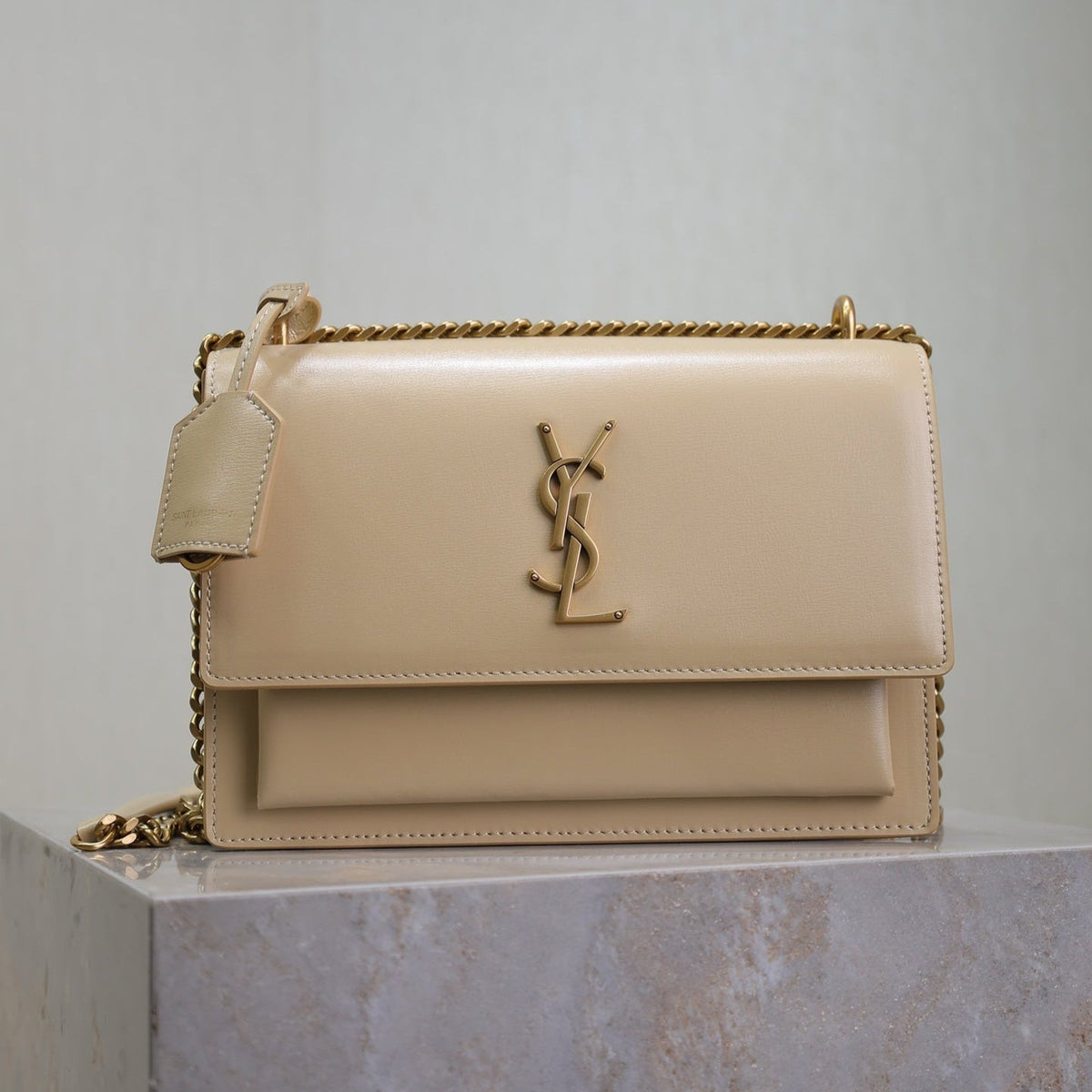 SAINT LAURENT YSL 25S SUNSET BAG 22 IN NUDE CALFSKIN GOLD HARDWARE