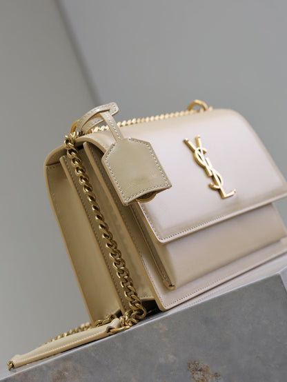 SAINT LAURENT YSL 25S SUNSET BAG 22 IN NUDE CALFSKIN GOLD HARDWRE