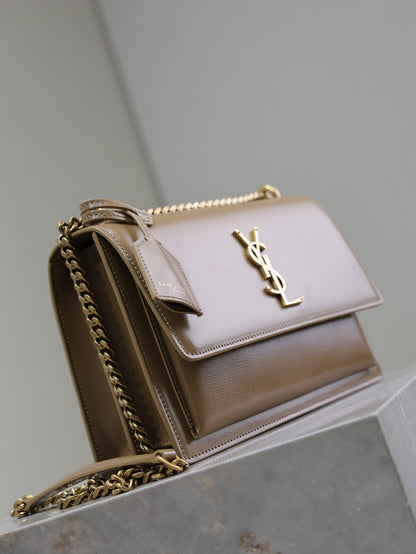 SAINT LAURENT YSL 25S SUNSET BAG 22 IN BROWN CALFSKIN GOLD HARDWARE