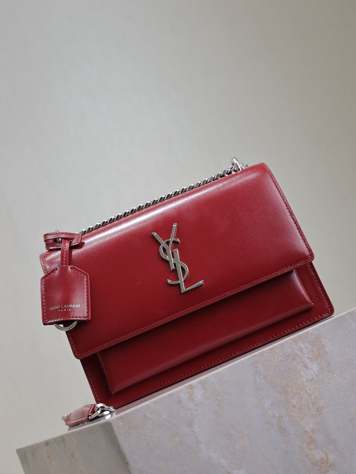 SAINT LAURENT YSL 25S SUNSET BAG 22 IN CRIMSON RED CALFSKIN SILVER HARDWRE