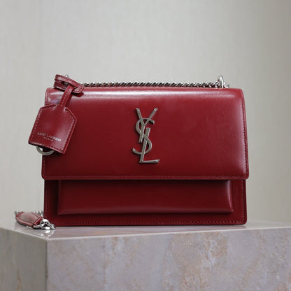 SAINT LAURENT YSL 25S SUNSET BAG 22 IN CRIMSON RED CALFSKIN SILVER HARDWRE