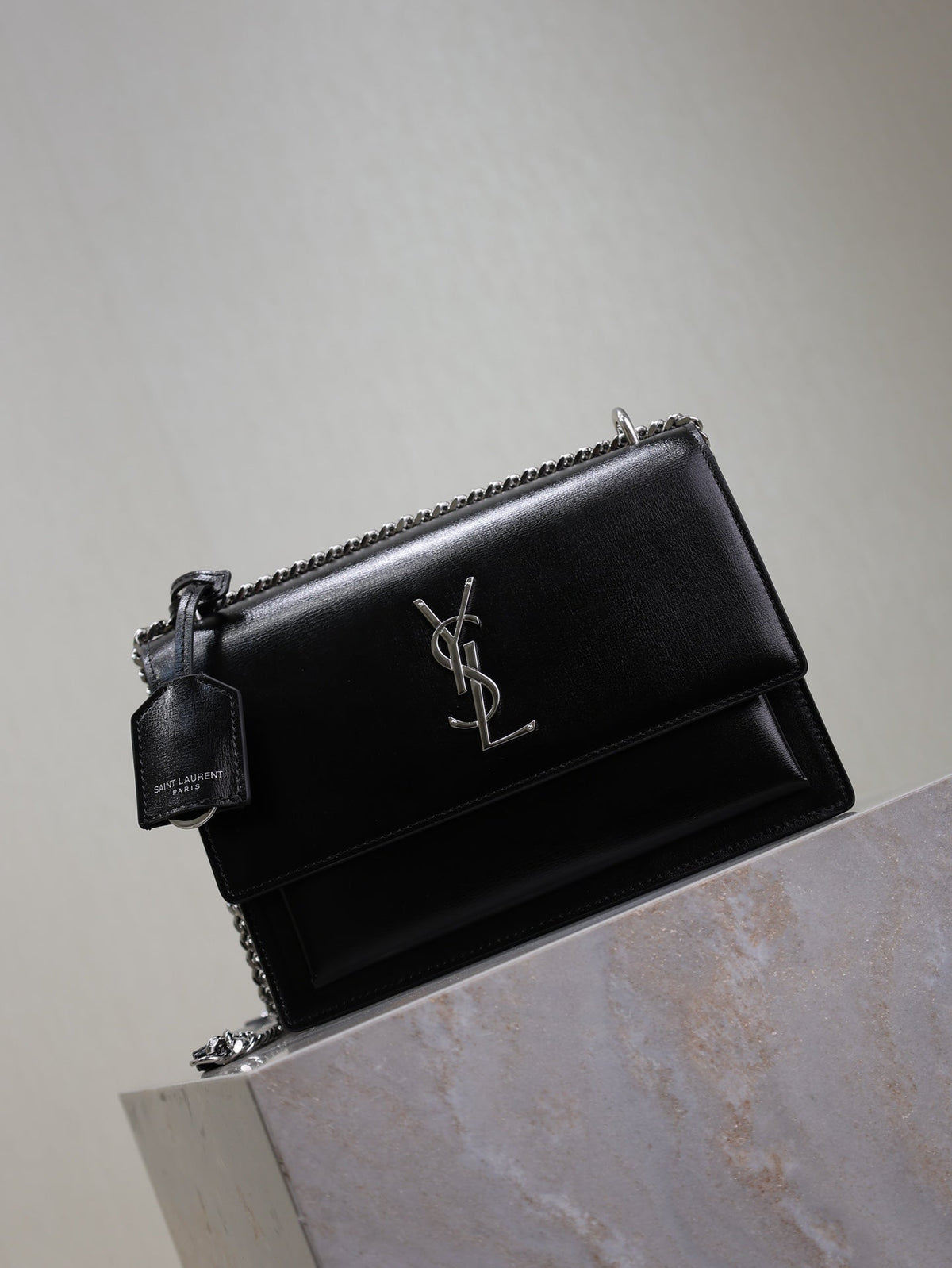 SAINT LAURENT YSL 25S SUNSET BAG 22 IN BLACK CALFSKIN SILVER HARDWARE