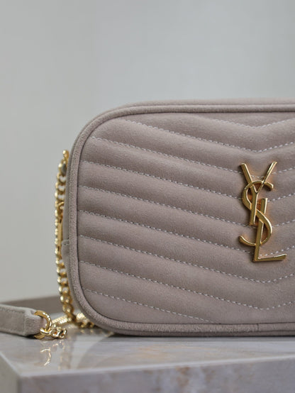 SAINT LAURENT LOU MINI CAMERA BAG 18 IN SILVER PINK SUEDE GOLD HARDWARE