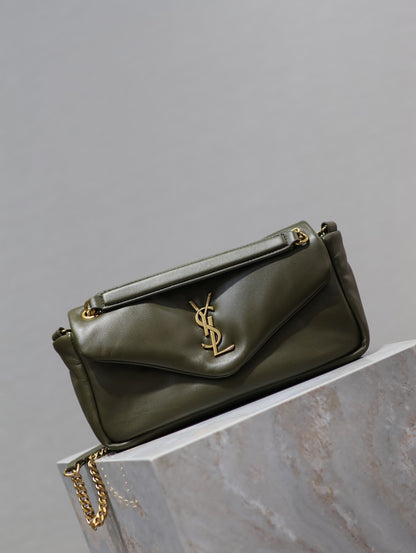 SAINT LAURENT CALYPSO CHAIN BAG 26 IN ARMY GREEN SMOOTH LAMBSKIN