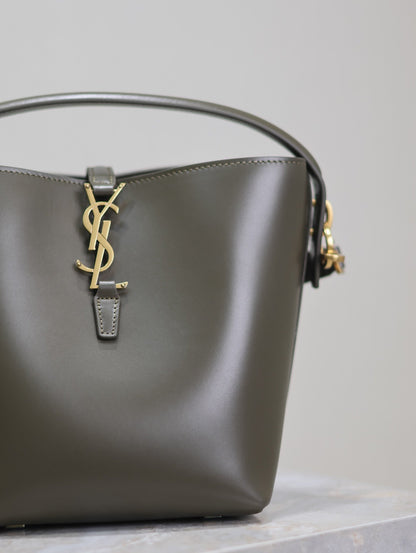 SAINT LAURENT LE 37 SMALL BUCKET BAG 20 IN KHAKI GREEN CALFSKIN GOLD HARDWARE