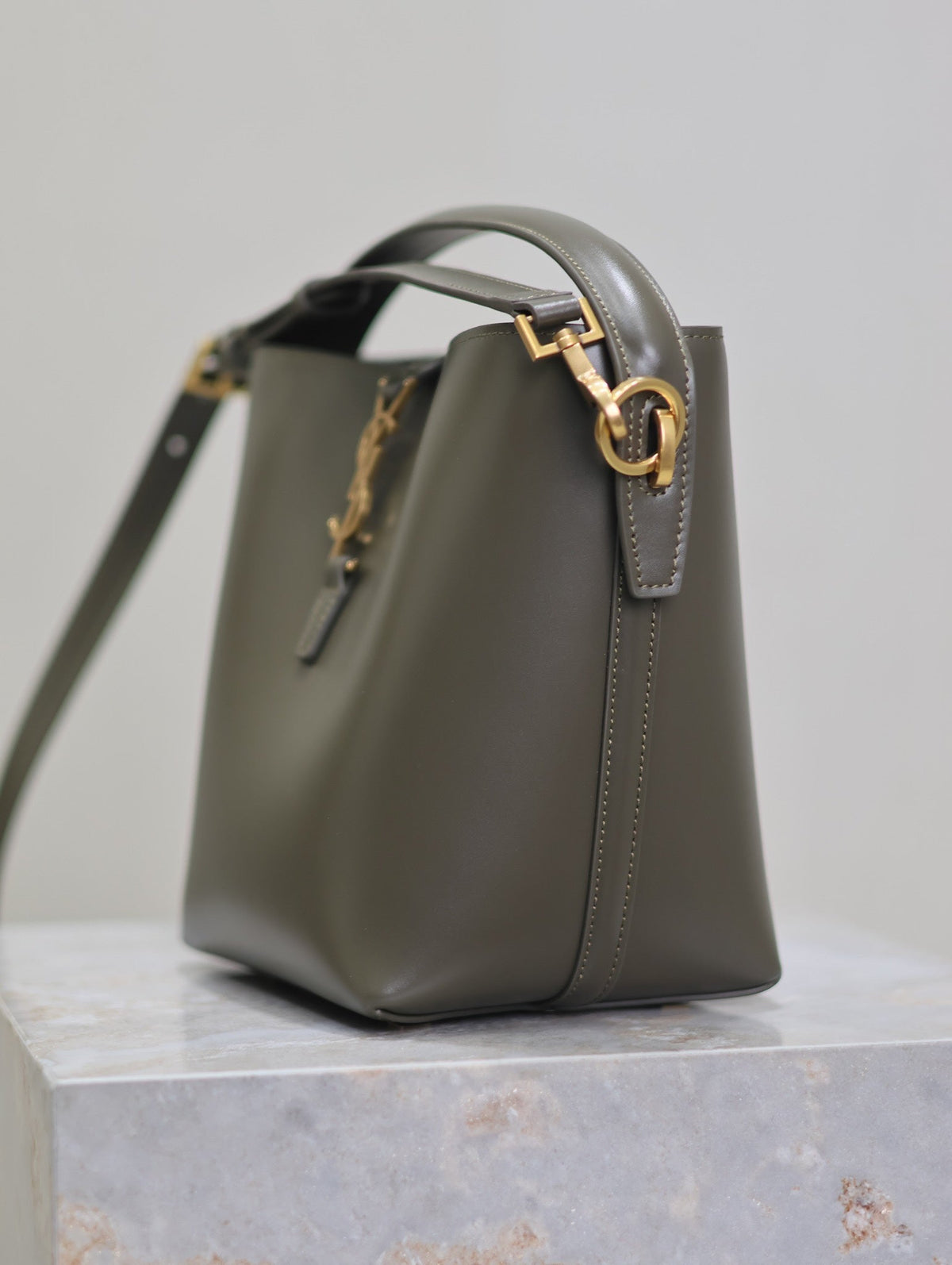 SAINT LAURENT LE 37 SMALL BUCKET BAG 20 IN KHAKI GREEN CALFSKIN GOLD HARDWARE