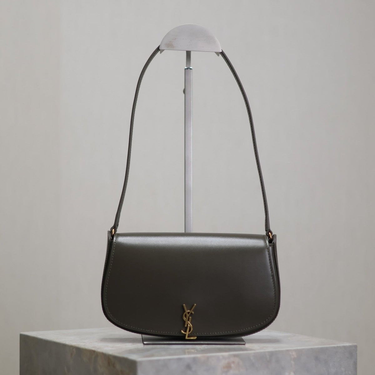 SAINT LAURENT MINI VOLTAIRE IN BOX 17 IN KOMBU GREEN CALFSKIN GOLD LOGO