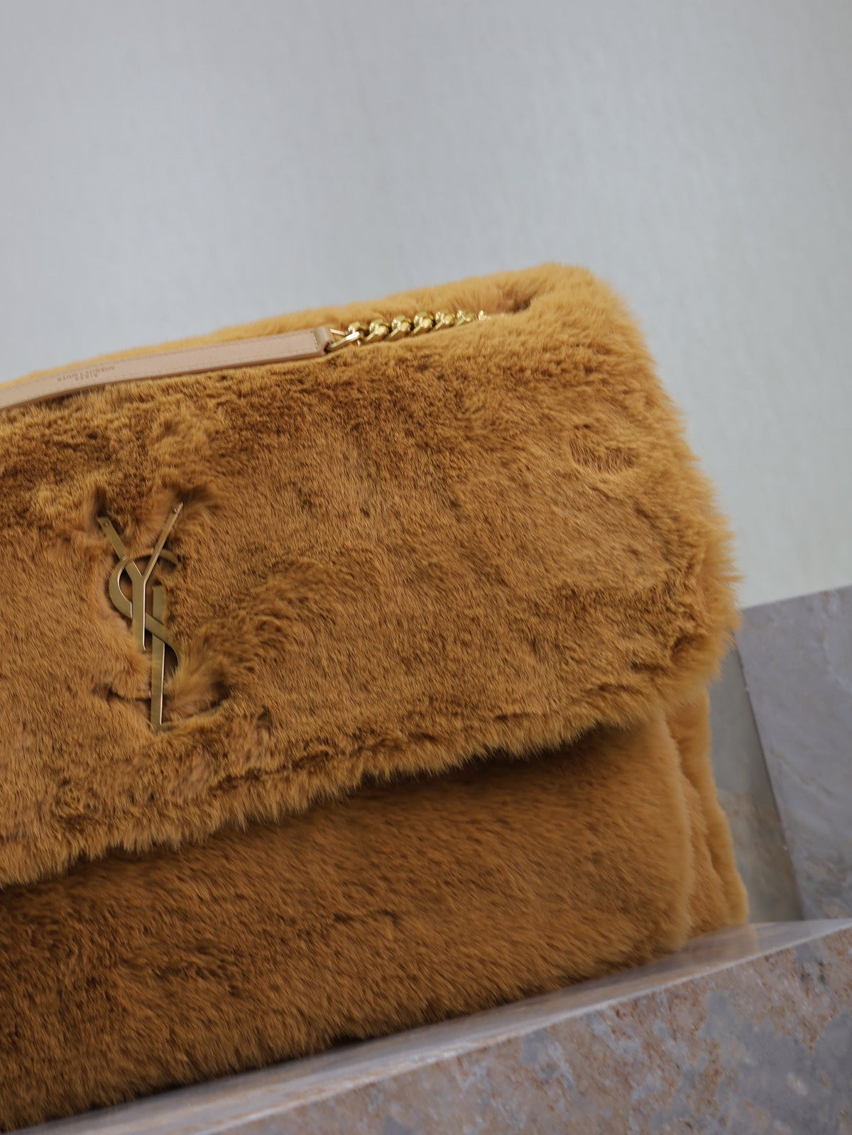 SAINT LAURENT NIKI 47 IN CINNAMON BROWN RABBIT FUR GOLD HARDWARE