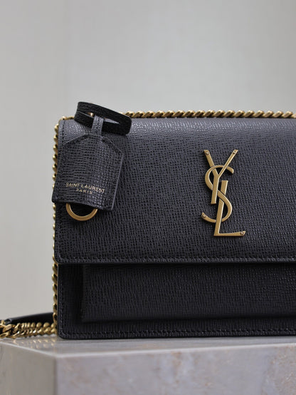 SAINT LAURENT YSL 25S SUNSET MEDIUM 22 IN BLACK GRAINED CALFSKIN GOLD HARDWRE
