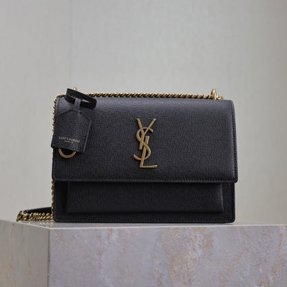 SAINT LAURENT YSL 25S SUNSET MEDIUM 22 IN BLACK GRAINED CALFSKIN GOLD HARDWRE
