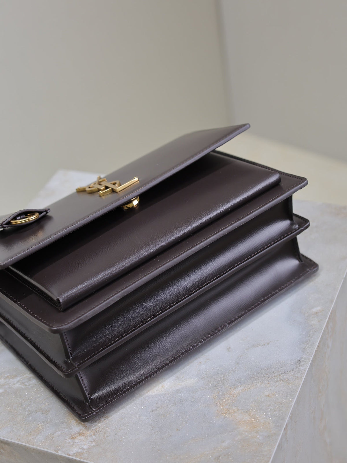 SAINT LAURENT YSL 25S SUNSET BAG 22 IN DARK PURPLE CALFSKIN GOLD HARDWARE