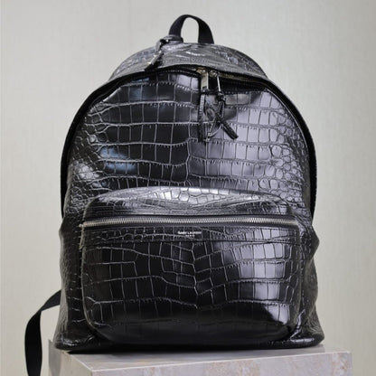 SAINT LAURENT CITY BACKPACK 38 IN BLACK CROCODILE EMBOSSED CALFSKIN