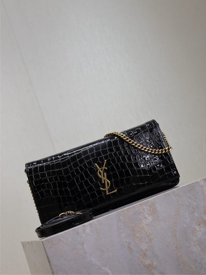 SAINT LAURENT KATE 99 MEDIUM BAG 26 IN BLACK CROCODILE-EMBOSSED CALFSKIN COPPER HARDWARE