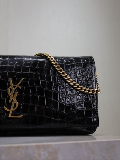 SAINT LAURENT KATE 99 MEDIUM BAG 26 IN BLACK CROCODILE-EMBOSSED CALFSKIN COPPER HARDWARE
