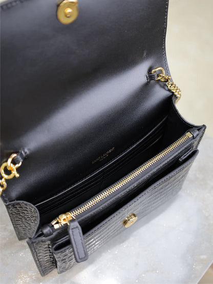 SAINT LAURENT SUNSET SMALL BAG 19 IN BLACK CROCODILE-EMBOSSED CALFSKIN COPPER HARDWARE