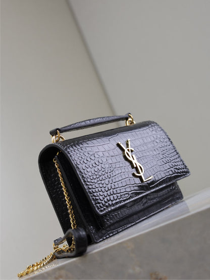 SAINT LAURENT SUNSET SMALL BAG 19 IN BLACK CROCODILE-EMBOSSED CALFSKIN COPPER HARDWARE