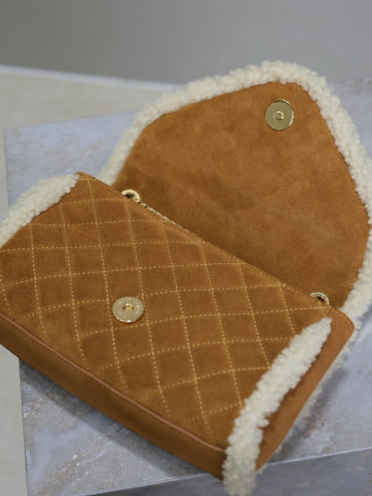 SAINT LAURENT ENVELOPE CHAIN BAG 21 IN BRONZE BROWN SUEDE AND WHITE SHEARLING TRIM GOLD HARDWARE