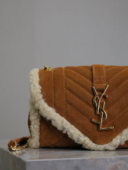 SAINT LAURENT ENVELOPE CHAIN BAG 21 IN BRONZE BROWN SUEDE AND WHITE SHEARLING TRIM GOLD HARDWARE