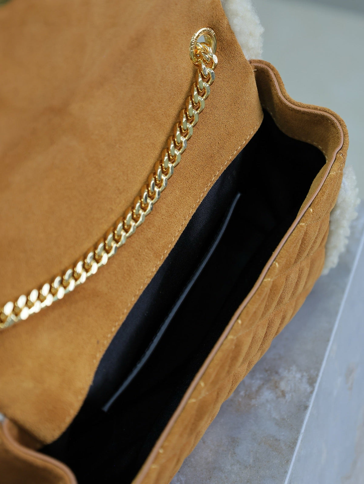 SAINT LAURENT ENVELOPE CHAIN BAG 21 IN BRONZE BROWN SUEDE AND WHITE SHEARLING TRIM GOLD HARDWARE