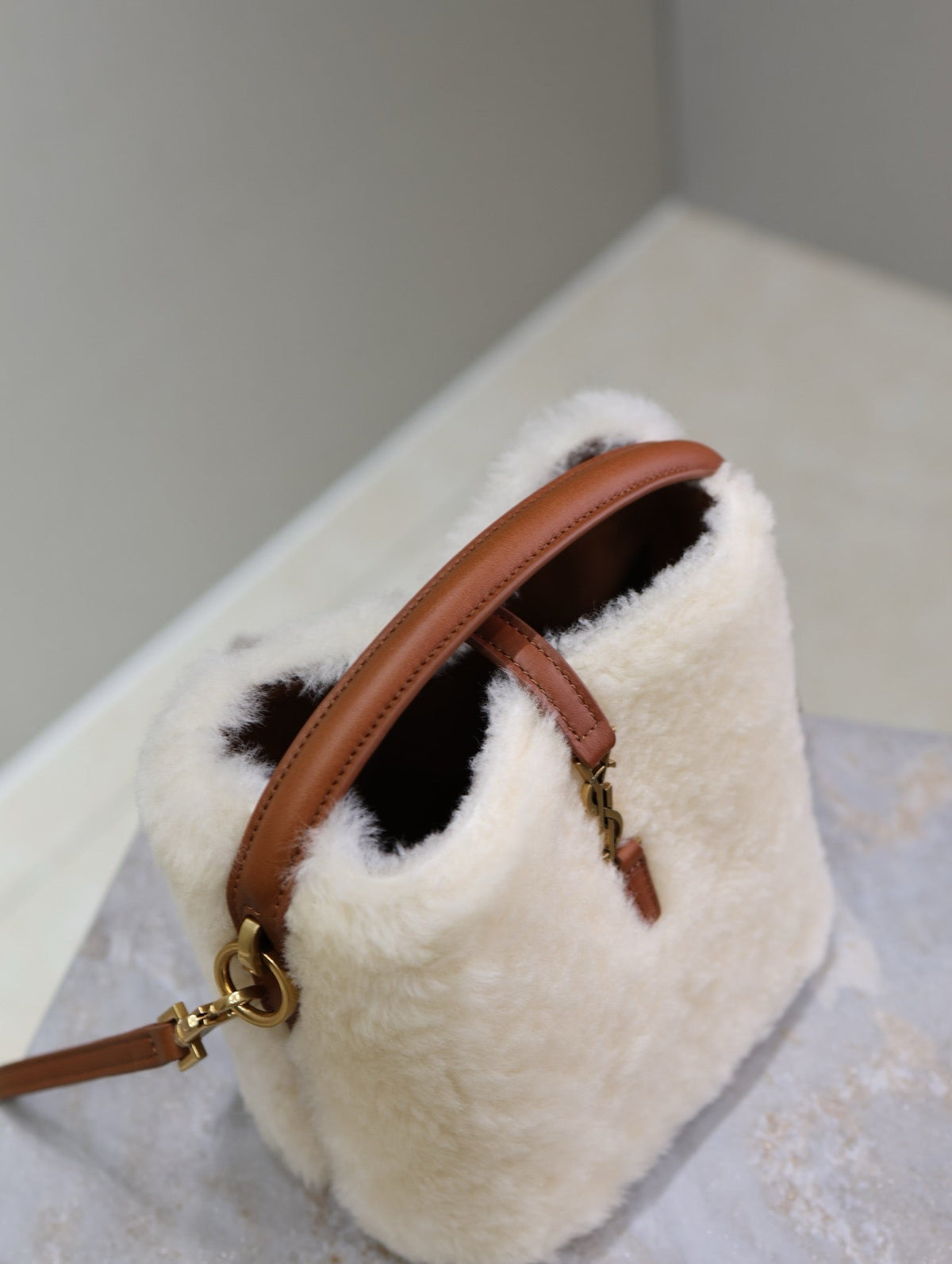 SAINT LAURENT LE 37 MINI BUCKET BAG 15 IN CREAM SHEARLING AND BROWN LEATHER TRIM