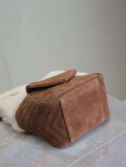 SAINT LAURENT JOE MINI BUCKET BAG 19 IN WHITE SHEARLING AND BROWN SUEDE