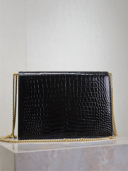 SAINT LAURENT CASSANDRA CHAIN BAG 22 IN BLACK CROCODILE PATTERN CALFSKIN GOLD HARDWARE