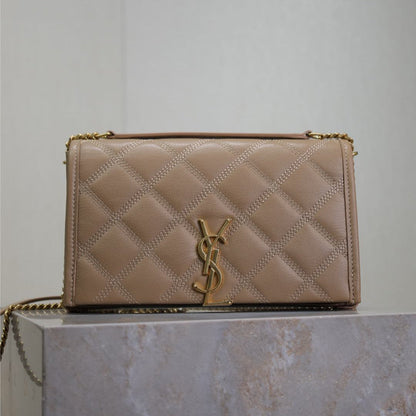 SAINT LAURENT BECKY 22 IN MEDIUM BROWN QUILTED LAMBSKIN GOLD HARDWARE