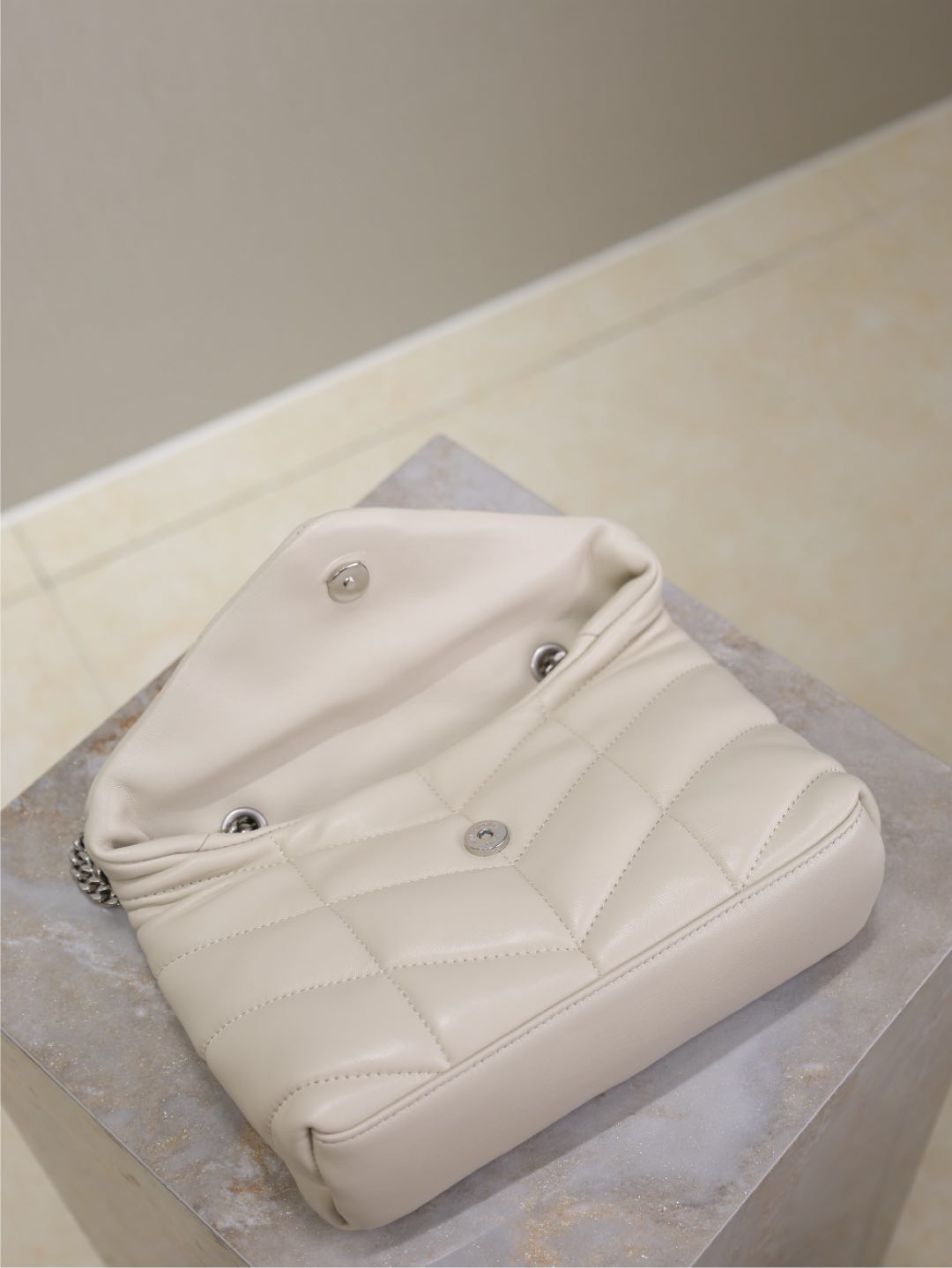 SAINT LAURENT YSL 25S LOULOU PUFFER MINI 23 IN SMOKEY TAUPE CALFSKIN SILVER HARDWRE