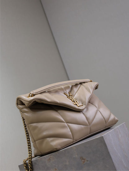 SAINT LAURENT YSL 25S LOULOU PUFFER GM 35 IN BROWN CALFSKIN GOLD HARDWRE