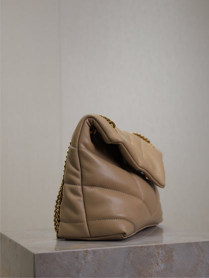 SAINT LAURENT YSL 25S LOULOU PUFFER MM 29 IN BROWN CALFSKIN GOLD HARDWARE