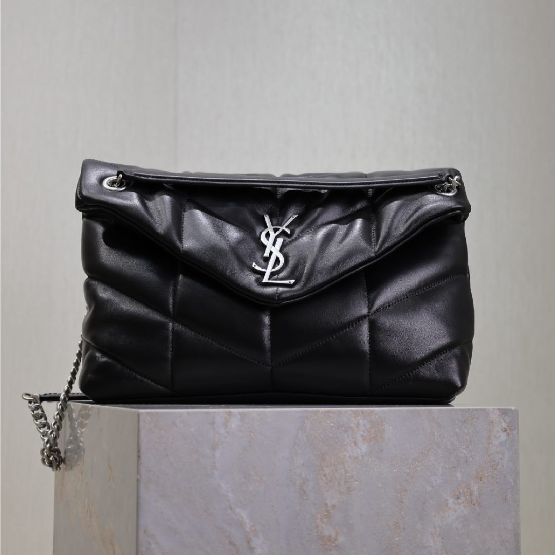 SAINT LAURENT YSL 25S LOULOU PUFFER GM 35 IN BLACK CALFSKIN SILVER HARDWARE