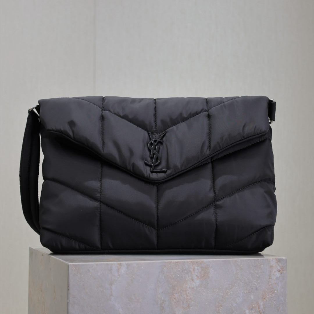 SAINT LAURENT YSL 25S LOULOU PUFFER BAG 34 IN BLACK NYLON BLACK HARDWARE