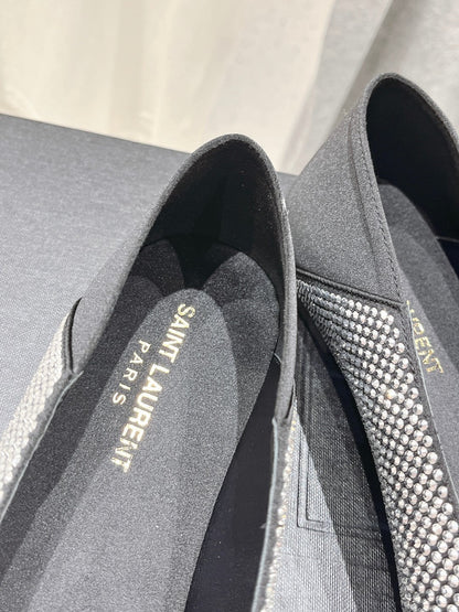 SL NOUR LEOPARD POINT TOE BALLET BLACK CRYSTAL SATIN